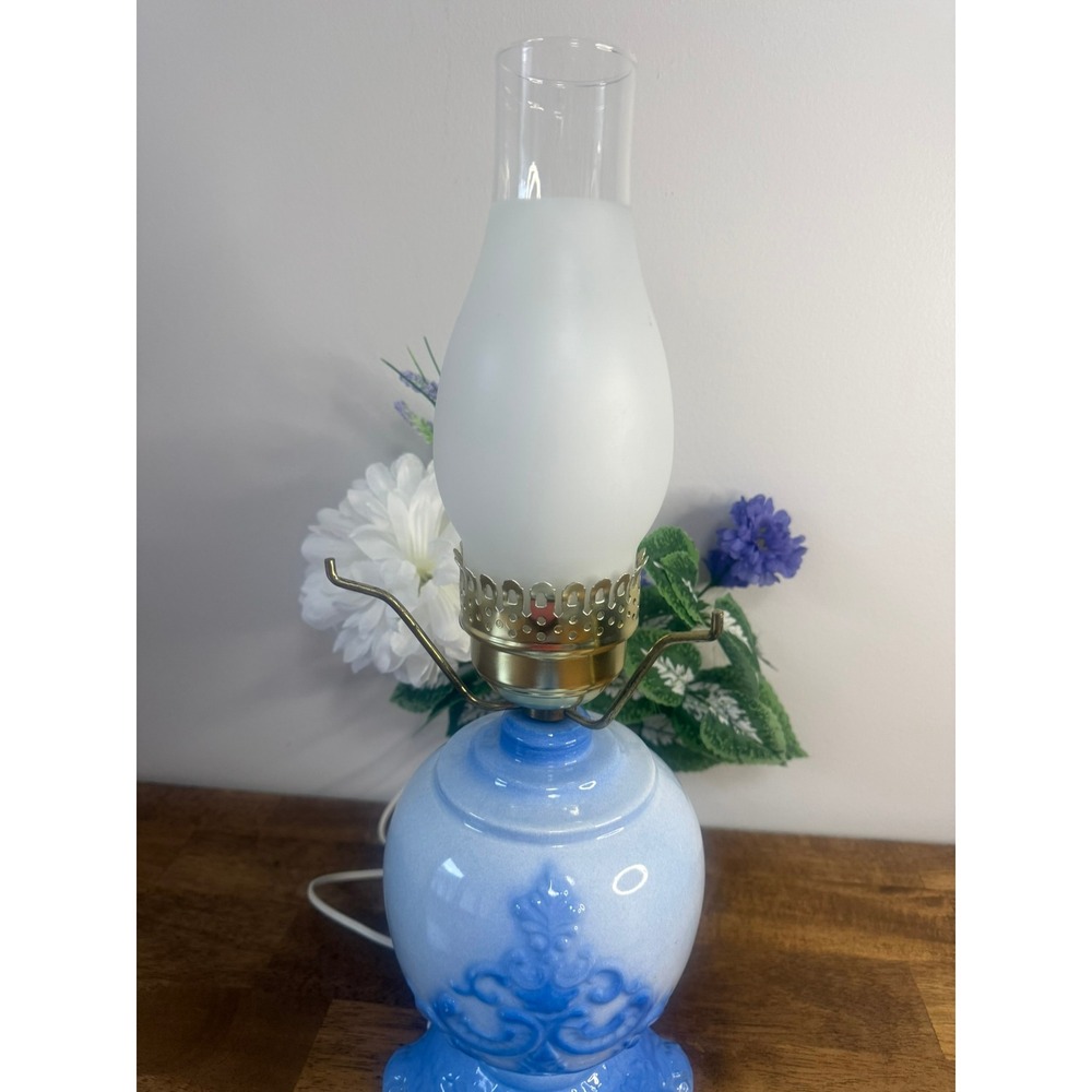 Vintage Blue Milk Glass Table Lamp Hand Painted Floral Hurricane Shade 3 Way - Picture 7 of 15